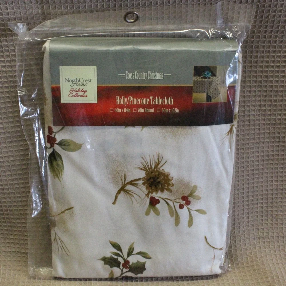 NorthCrest Home Holly Pinecone Tablecloth 60x84 Cotton Christmas Holiday Cottage